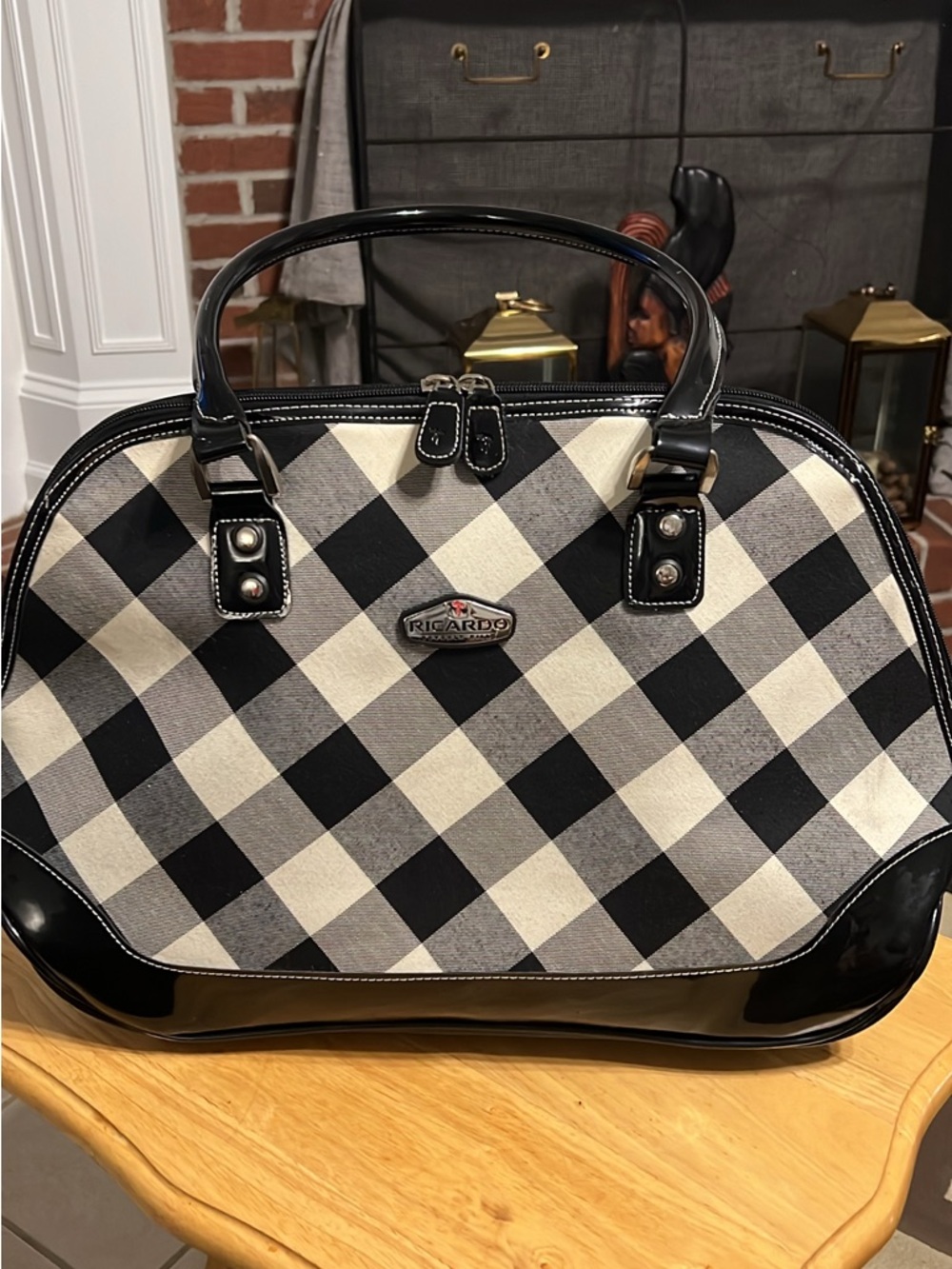Ricardo Checkered Black White Satchel Top Handle Bag Studded Zipper Accents